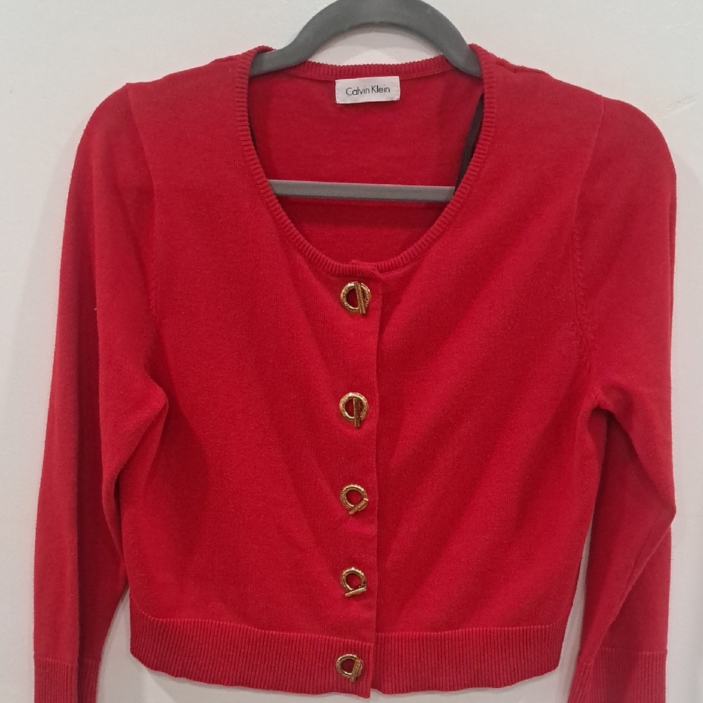 Calvin Klein Red Gold-Button Cropped Cardigan
